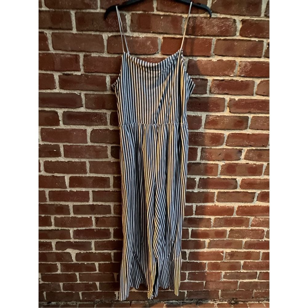 American Eagle Women's Striped Spaghetti Strap Smocked Jumpsuit gray White XXL